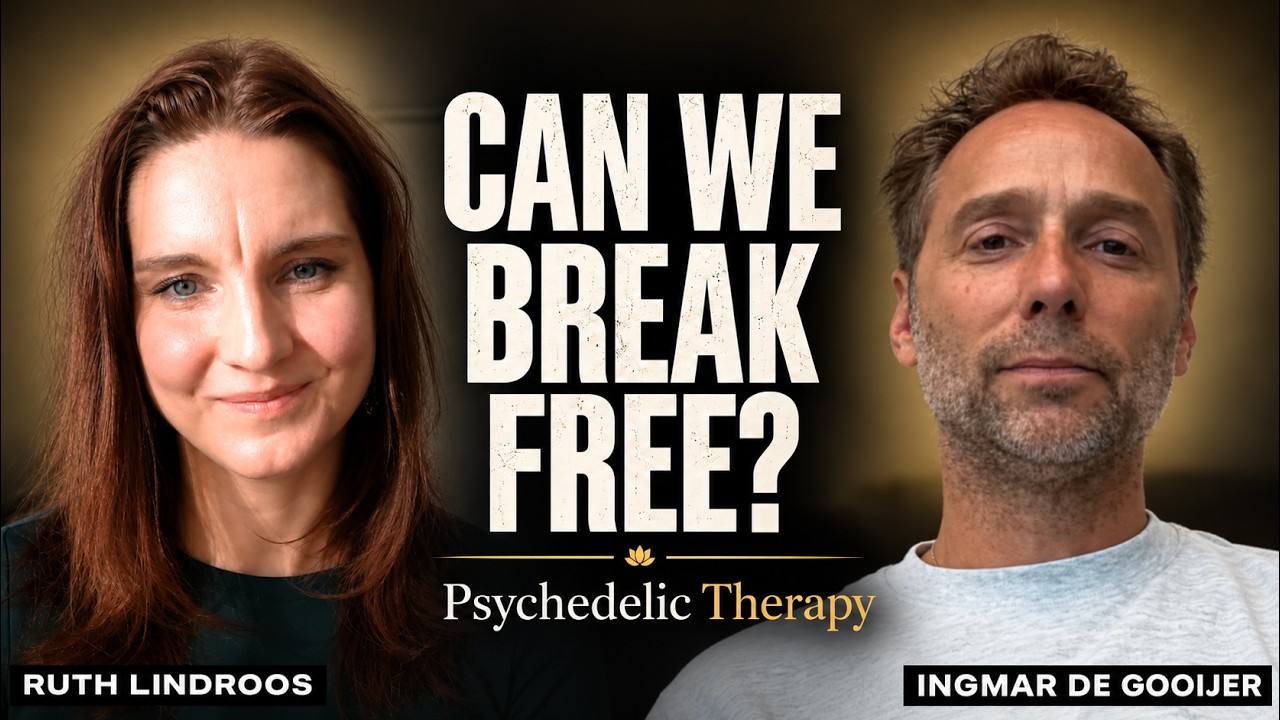 Ruth Lindroos en Ingmar de Gooijer in de podcast over psychedelica, met de tekst Can We Break Free?